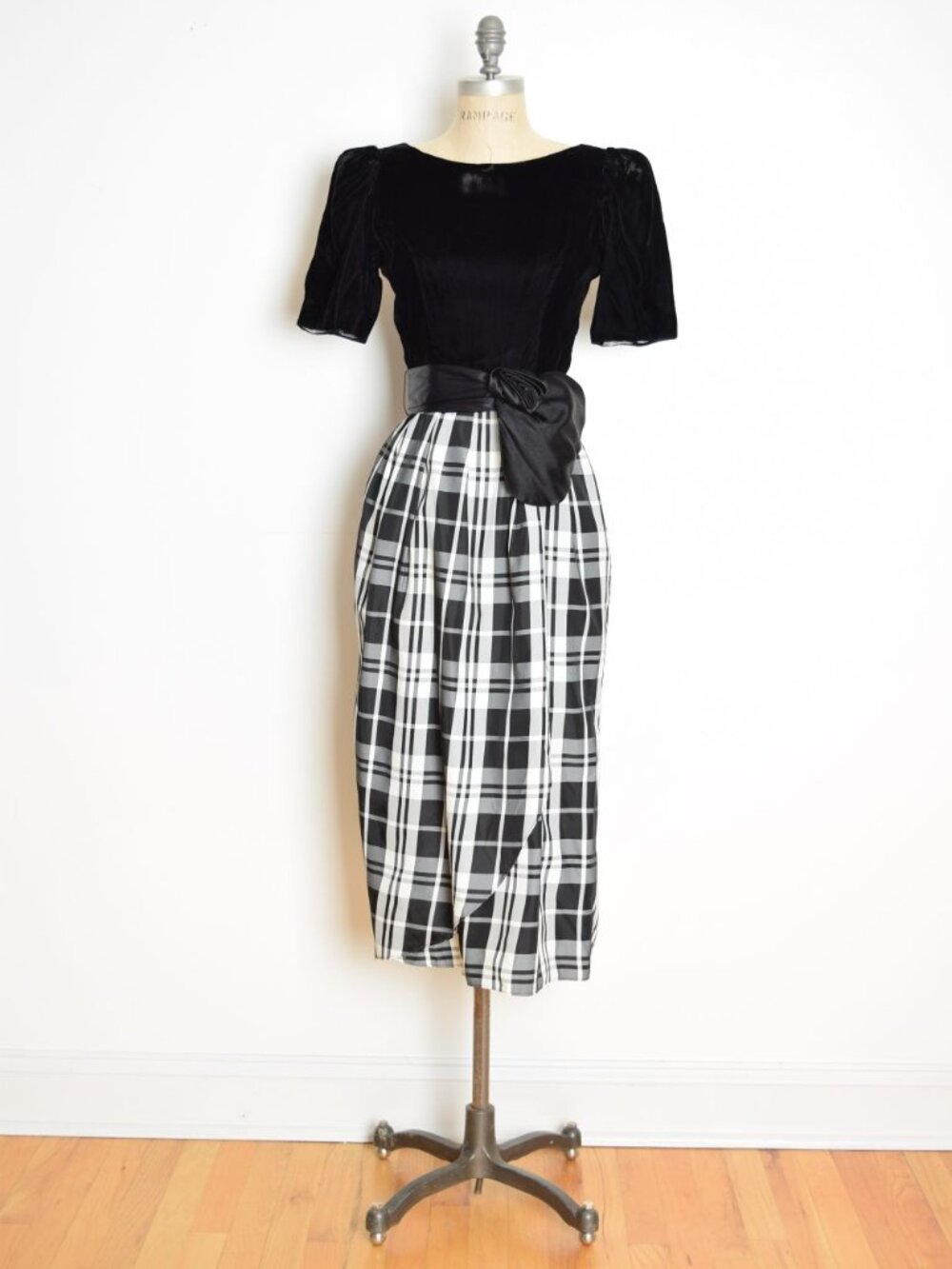 vintage 80s LANZ party dress black velvet plaid taffeta puff bow midi XS